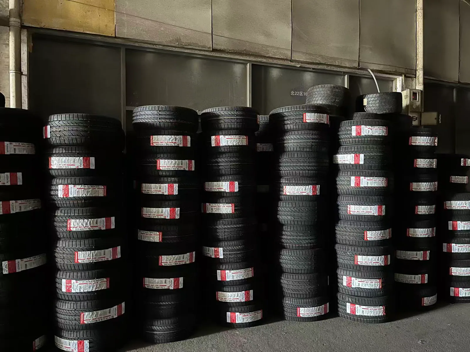 Organised stacks of new tires at Peter's operating site